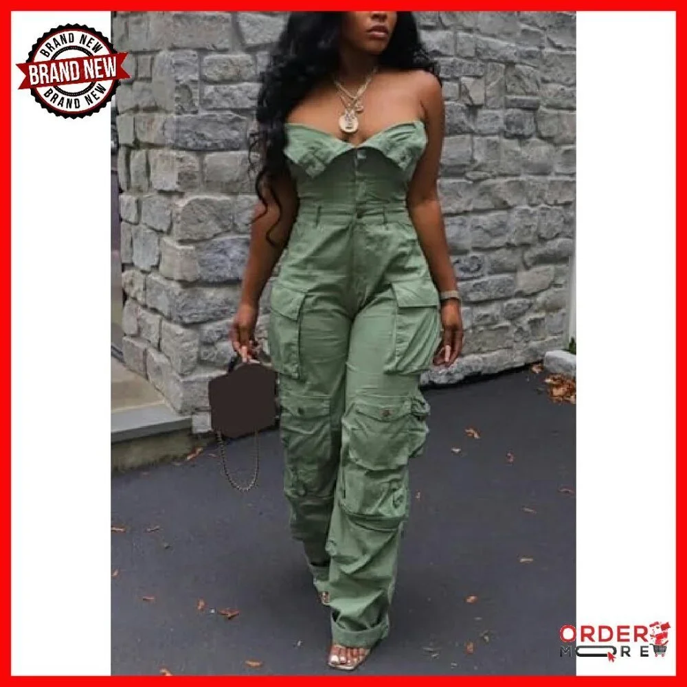 Strapless Denim Jumpsuit Wide Leg Multi Pockets Loose Fit Jean Romper